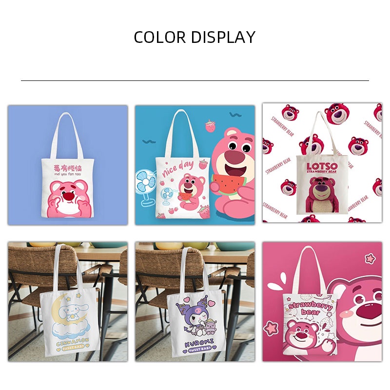 Elacent Túi Xách canvas Họa Tiết Gấu Dâu Tây Dễ Thương