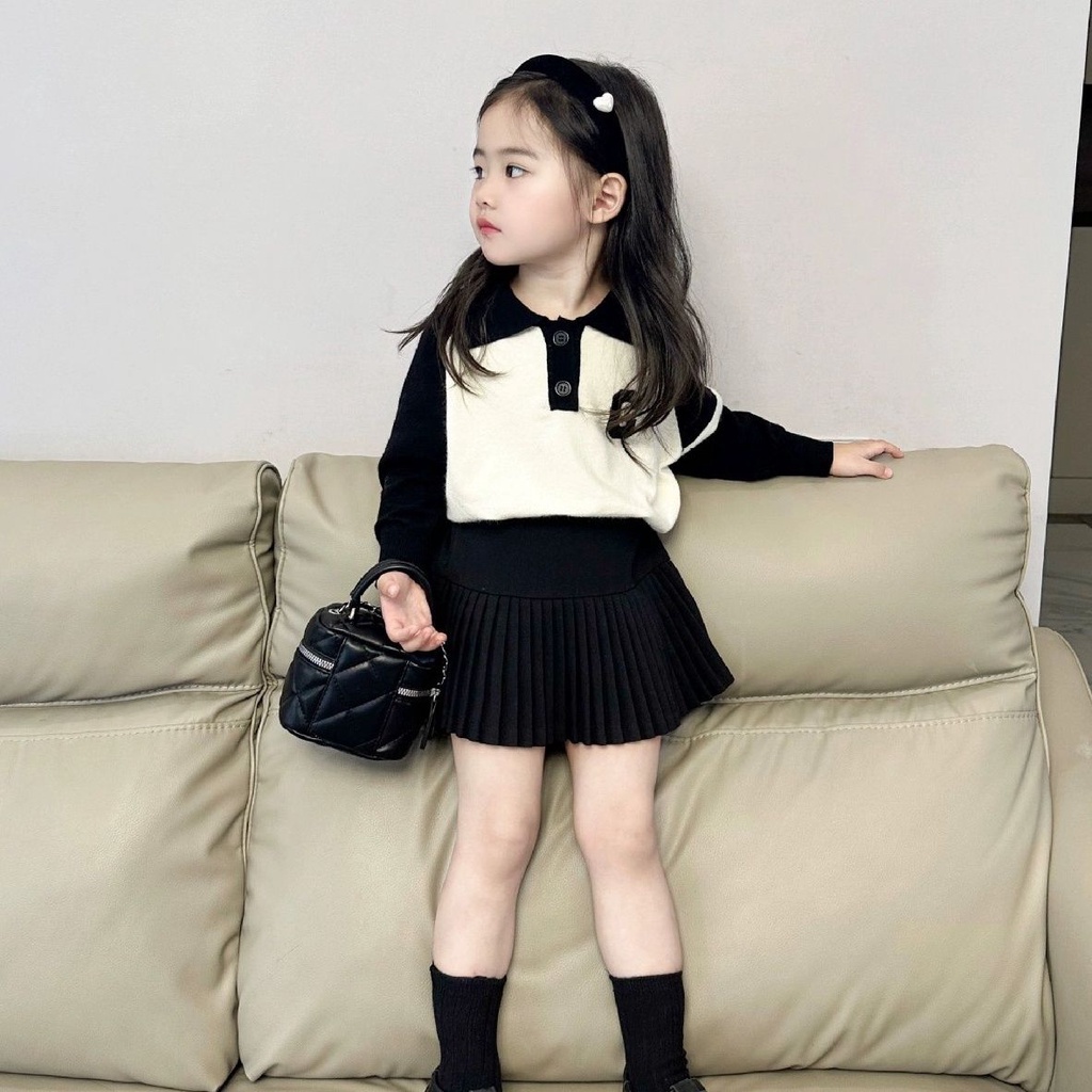 Áo Sweater Cổ Bẻ Màu Sắc Tương Phản Phối Chân Váy Xếp Ly Thời Trang Thu Đông Hàn Quốc 2023 Cho Bé Gái