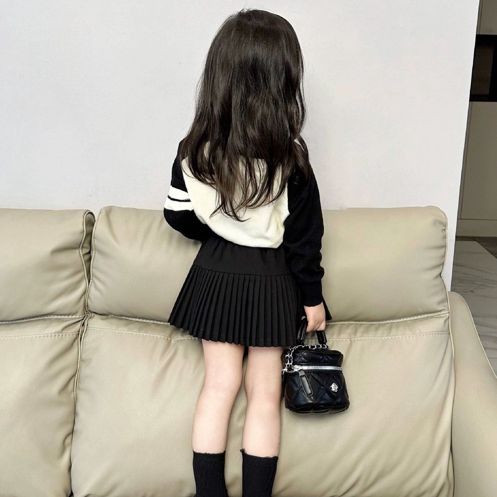 Áo Sweater Cổ Bẻ Màu Sắc Tương Phản Phối Chân Váy Xếp Ly Thời Trang Thu Đông Hàn Quốc 2023 Cho Bé Gái