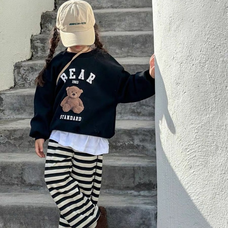 Set Đồ Thể Thao Dài Tay Họa Tiết Kẻ Sọc In Hình Gấu Dễ Thương Thời Trang Mùa Thu Cho Bé Trai Và Gái