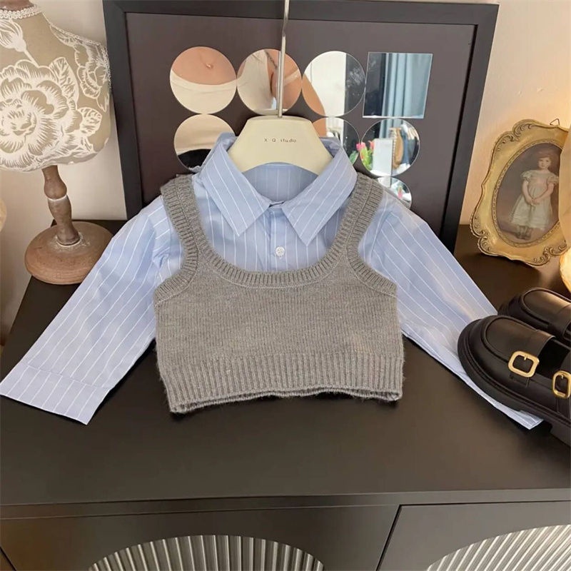 Set Áo Len Không Tay + Chân Váy Xếp Ly Sọc Xanh Dương Phong Cách Hàn Quốc Thời Trang Mùa Thu Cho Bé Gái