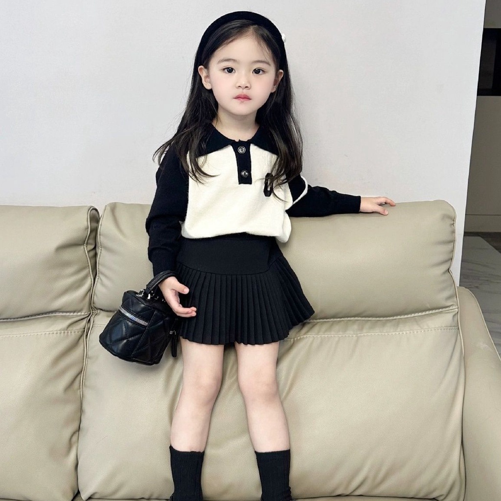 Áo Sweater Cổ Bẻ Màu Sắc Tương Phản Phối Chân Váy Xếp Ly Thời Trang Thu Đông Hàn Quốc 2023 Cho Bé Gái