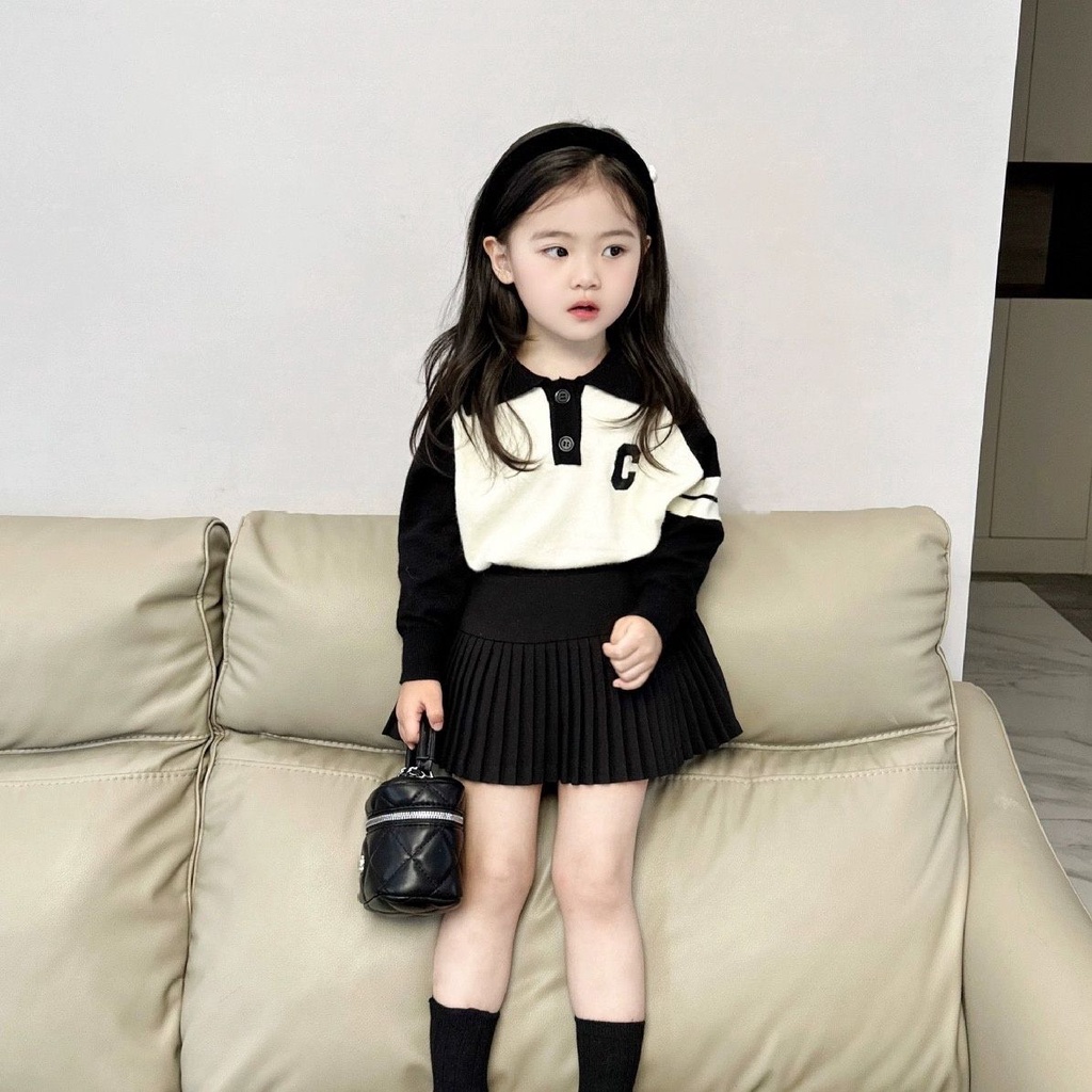 Áo Sweater Cổ Bẻ Màu Sắc Tương Phản Phối Chân Váy Xếp Ly Thời Trang Thu Đông Hàn Quốc 2023 Cho Bé Gái