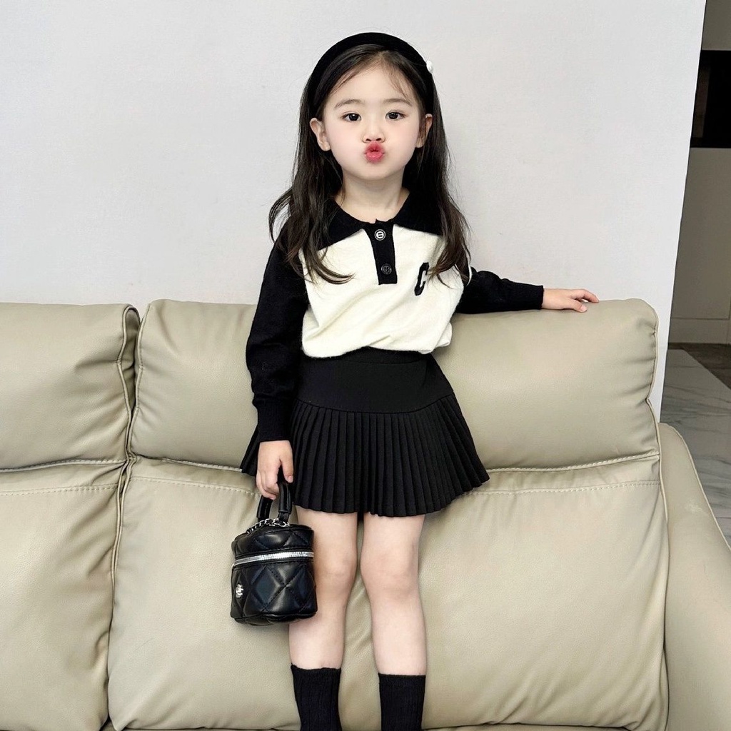 Áo Sweater Cổ Bẻ Màu Sắc Tương Phản Phối Chân Váy Xếp Ly Thời Trang Thu Đông Hàn Quốc 2023 Cho Bé Gái