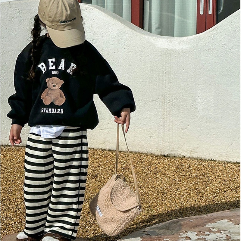 Set Đồ Thể Thao Dài Tay Họa Tiết Kẻ Sọc In Hình Gấu Dễ Thương Thời Trang Mùa Thu Cho Bé Trai Và Gái