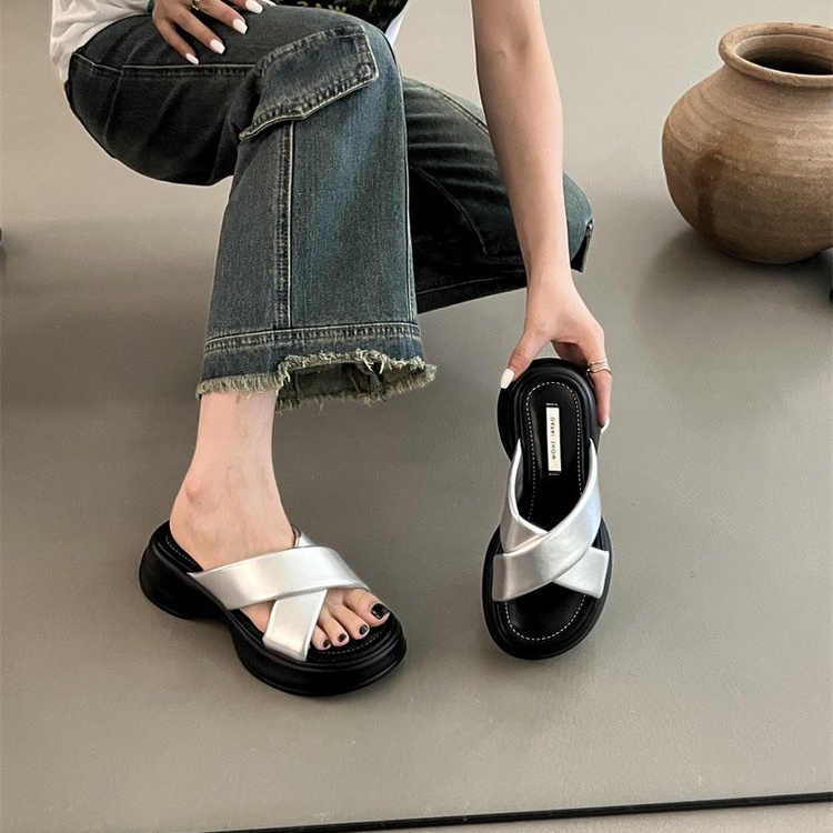 Dép Da pu Đế Dày Mũi Vuông Phong Cách Hàn Quốc Thời Trang Cho Nữ
