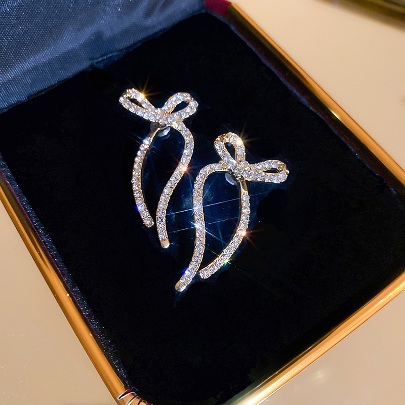 Bông Tai Mạ Bạc 925 Hình Nơ Đính Kim Cương Sang Trọng Đơn Giản Phong Cách Hàn Quốc