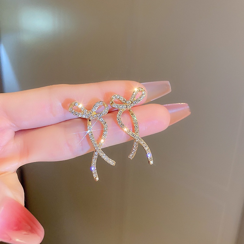 Bông Tai Mạ Bạc 925 Hình Nơ Đính Kim Cương Sang Trọng Đơn Giản Phong Cách Hàn Quốc