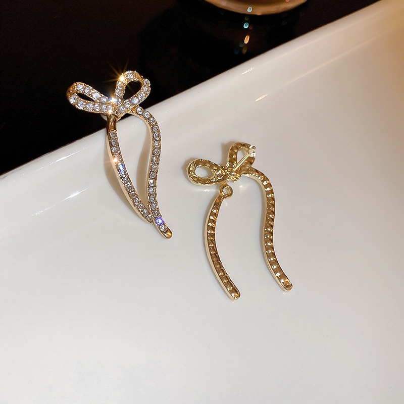 Bông Tai Mạ Bạc 925 Hình Nơ Đính Kim Cương Sang Trọng Đơn Giản Phong Cách Hàn Quốc