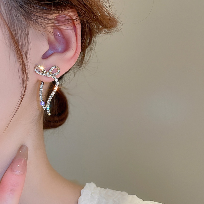 Bông Tai Mạ Bạc 925 Hình Nơ Đính Kim Cương Sang Trọng Đơn Giản Phong Cách Hàn Quốc