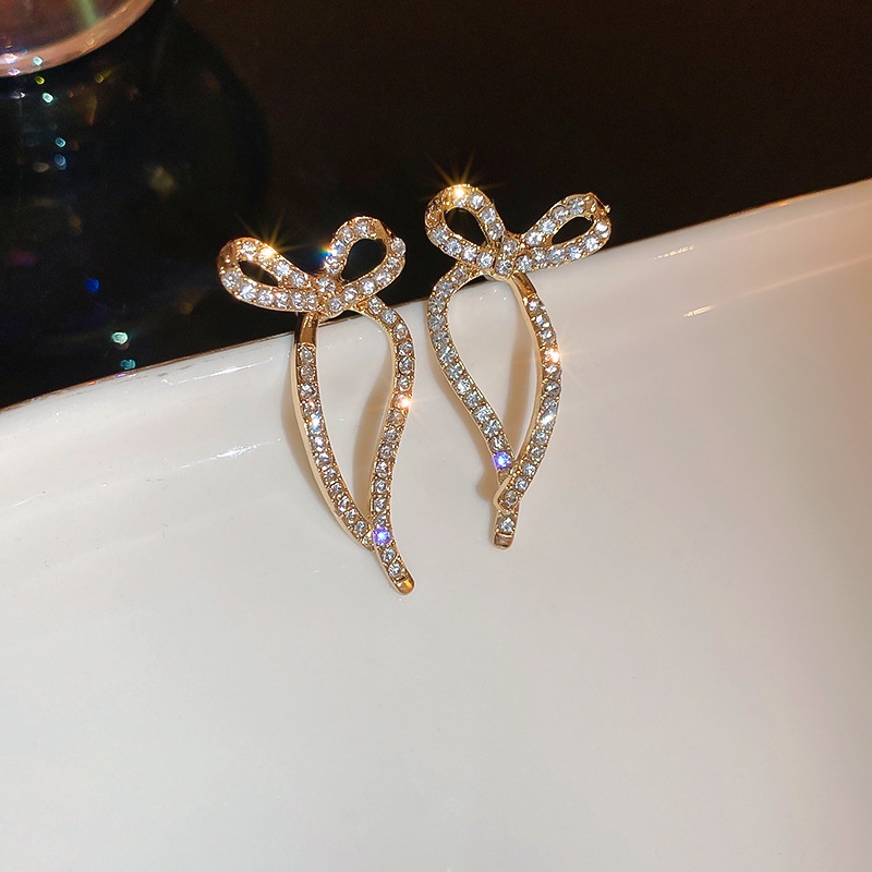 Bông Tai Mạ Bạc 925 Hình Nơ Đính Kim Cương Sang Trọng Đơn Giản Phong Cách Hàn Quốc