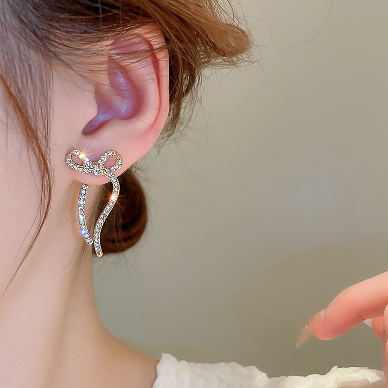 Bông Tai Mạ Bạc 925 Hình Nơ Đính Kim Cương Sang Trọng Đơn Giản Phong Cách Hàn Quốc