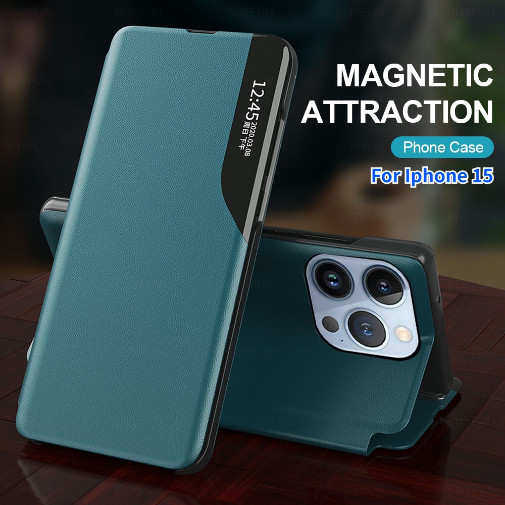 Auto Sleep Wake Up Smart View Magnetic Flip Casing For Apple Iphone 15 Pro Max Plus 15Plus 15Pro Iphone15 ProMax 5G 2023 Stand Phone Case Shockproof Protect Back Cover Casing