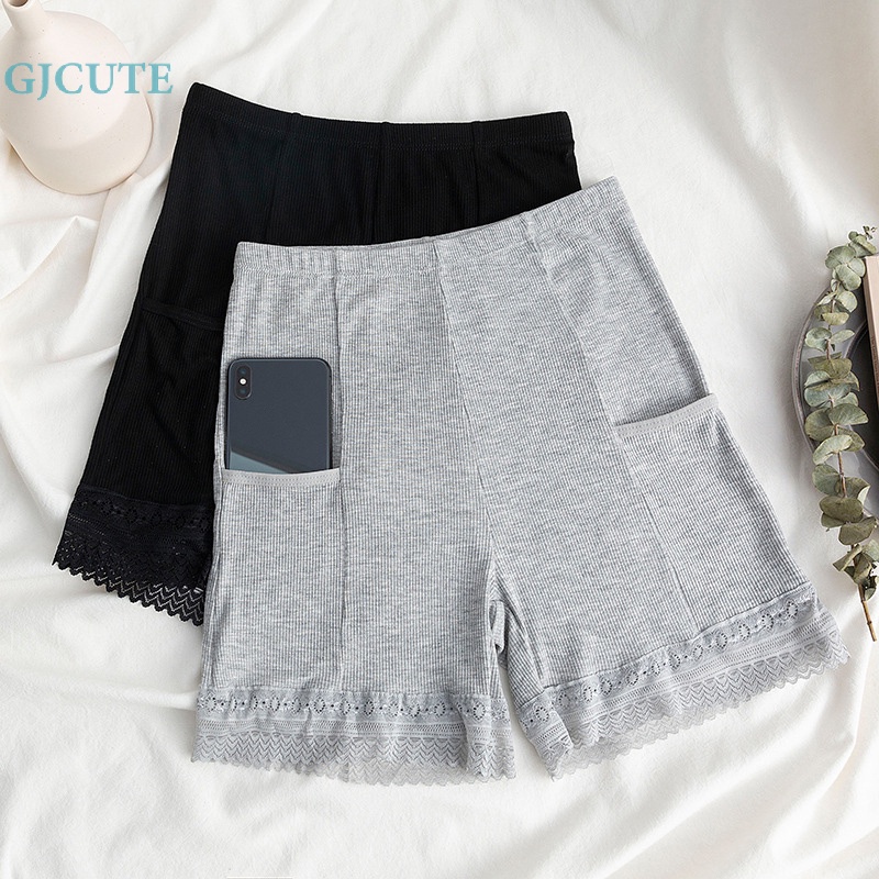 Gjcute Quần Legging Ngắn Lưng Cao Co Giãn Màu Trơn Phối Ren Có Túi Dành Cho Nữ Wd
