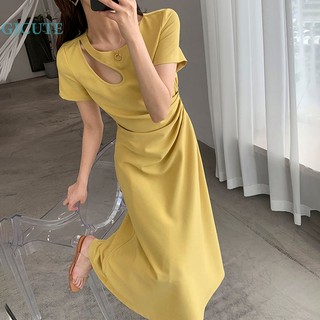 Gjcute Đầm midi Màu Trơn Dáng Ôm Xếp Ly Khoét Rỗng Nhiều Màu Sắc Thanh Lịch Đơn Giản Phong Cách Hàn Quốc Dễ Phối Đồ Cho Nữ Wd