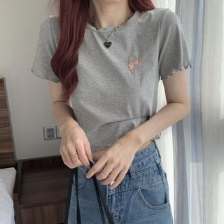 Áo Thun Lửng Tay Ngắn Cổ Tròn Thêu Họa Tiết Dành Cho Nữ