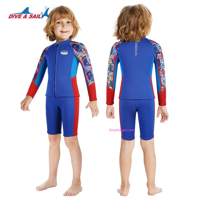 [Chính hãng] Bộ bơi giữ nhiệt rời bé trai, dài quần ngắn, màu xanh, vải dày 2.5mm, Dive & Sail