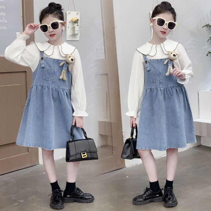 Bộ Áo Thun Tay Dài Kèm Váy Yếm denim 2 Món Thời Trang Hàn Quốc Dành Cho Bé Gái