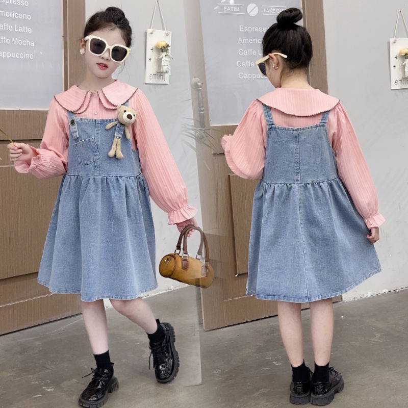 Bộ Áo Thun Tay Dài Kèm Váy Yếm denim 2 Món Thời Trang Hàn Quốc Dành Cho Bé Gái