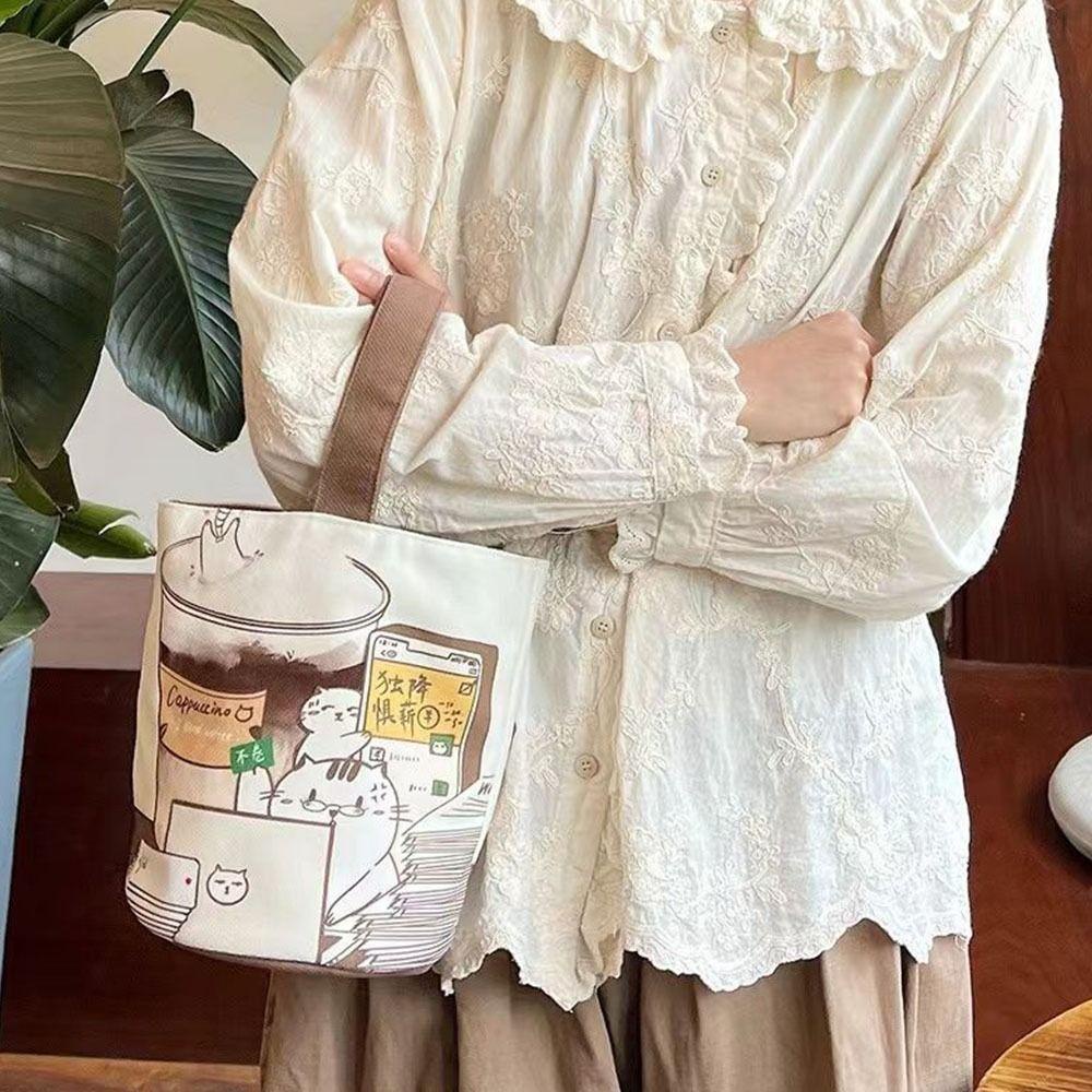 Dalton Túi Xách Vải canvas Cỡ Lớn In Hình Mèo Hoạt Hình Phong Cách Hàn Quốc