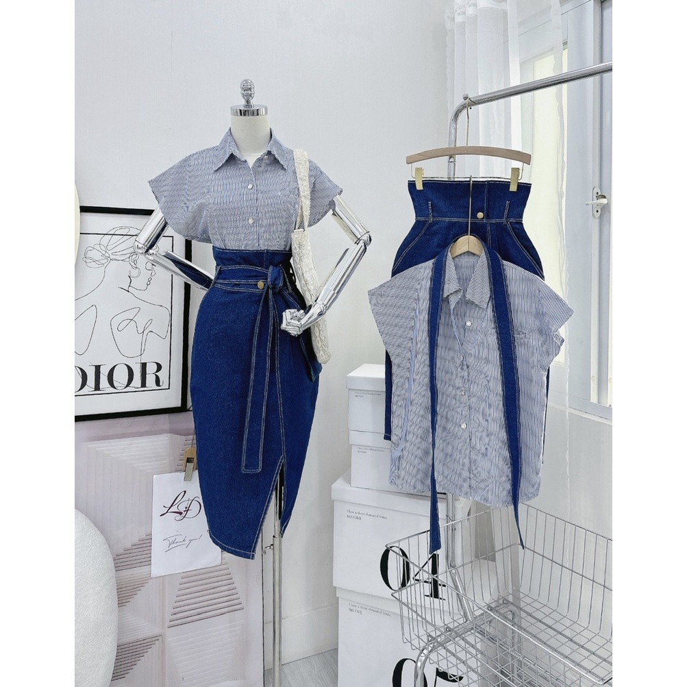SET ĐI CHƠI, SET 2 MÓN ÁO SƠ MI KẺ PHỐI CHÂN VÁY JEAN DÀI KIỂU KÈM ĐAI CỰC SANG