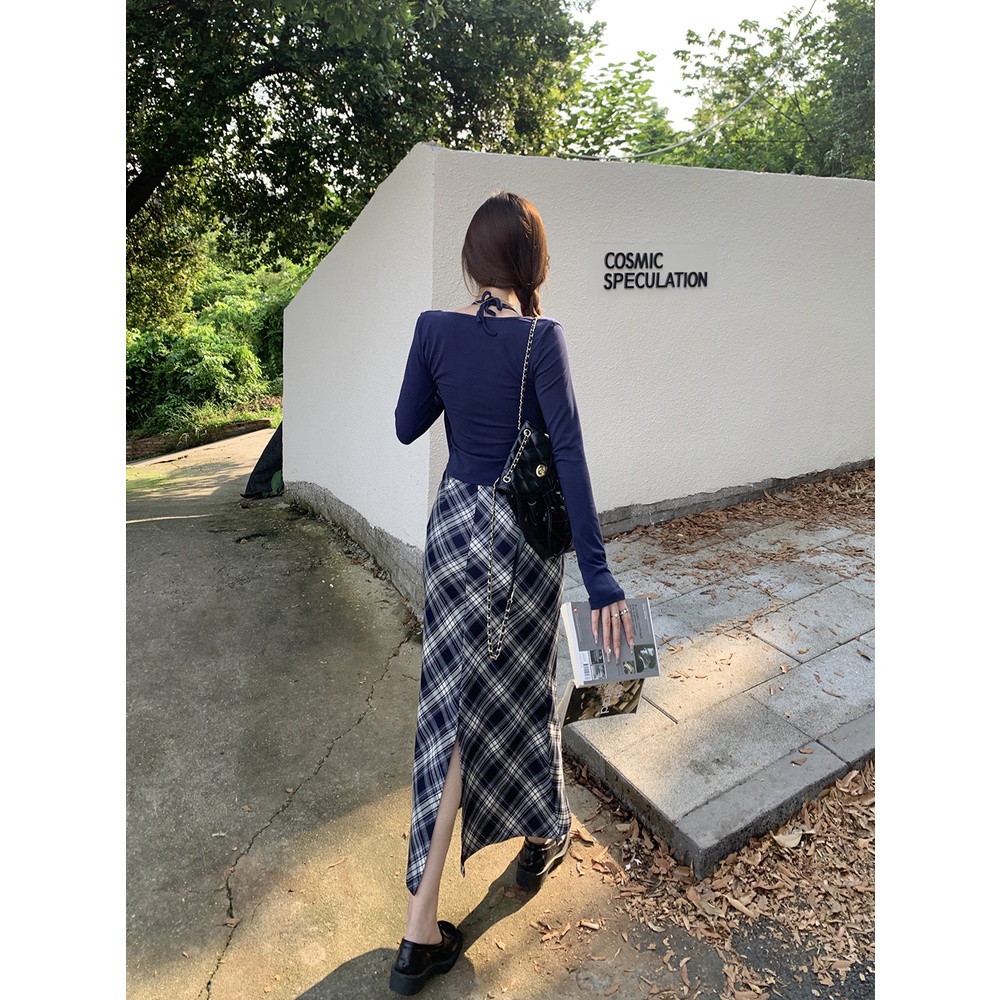 Áo Khoác cardigan Tay Dài + Chân Váy Sọc Ca Rô Phong Cách retro Mới Mùa Thu Cho Nữ