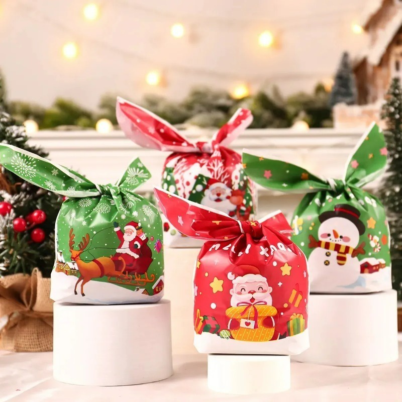 Set 10 / 50 Túi Nhựa Đựng Kẹo Giáng Sinh Hình Tai Thỏ Hoạt Hình Ông Già Noel Người Tuyết / Ông Già Noel
