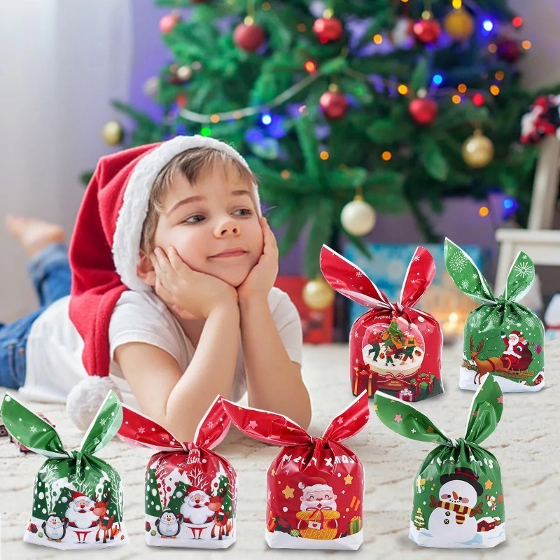 Set 10 / 50 Túi Nhựa Đựng Kẹo Giáng Sinh Hình Tai Thỏ Hoạt Hình Ông Già Noel Người Tuyết / Ông Già Noel
