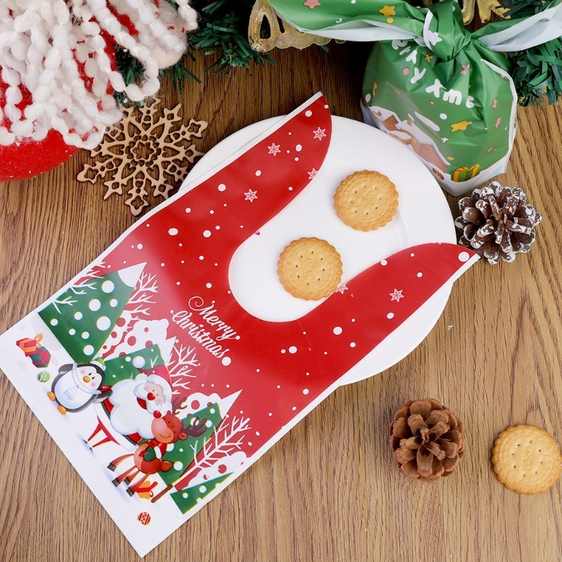 Set 10 / 50 Túi Nhựa Đựng Kẹo Giáng Sinh Hình Tai Thỏ Hoạt Hình Ông Già Noel Người Tuyết / Ông Già Noel