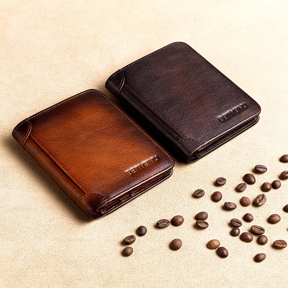 Ví Da Bò Thật Dáng Ngắn Có Kẹp Tiền Phong Cách retro Cho Nam