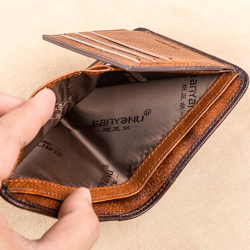 Ví Da Bò Thật Dáng Ngắn Có Kẹp Tiền Phong Cách retro Cho Nam