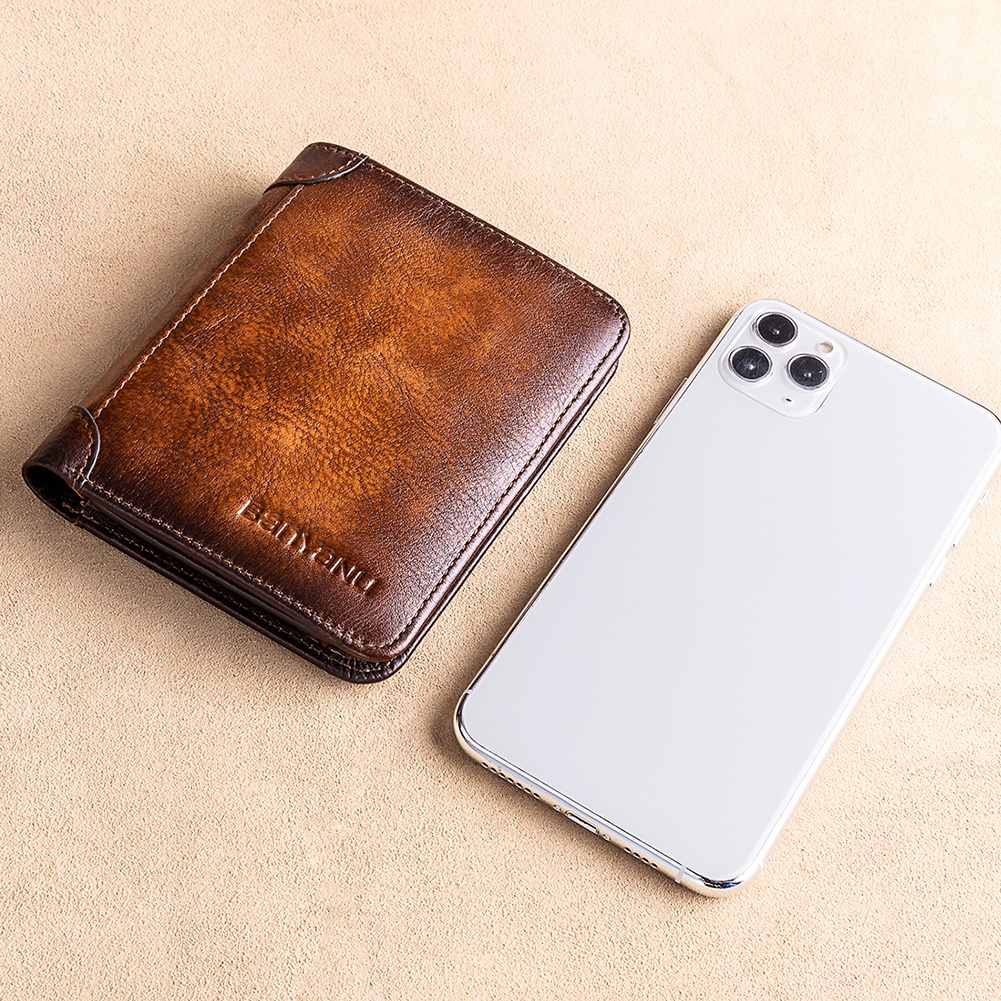 Ví Da Bò Thật Dáng Ngắn Có Kẹp Tiền Phong Cách retro Cho Nam