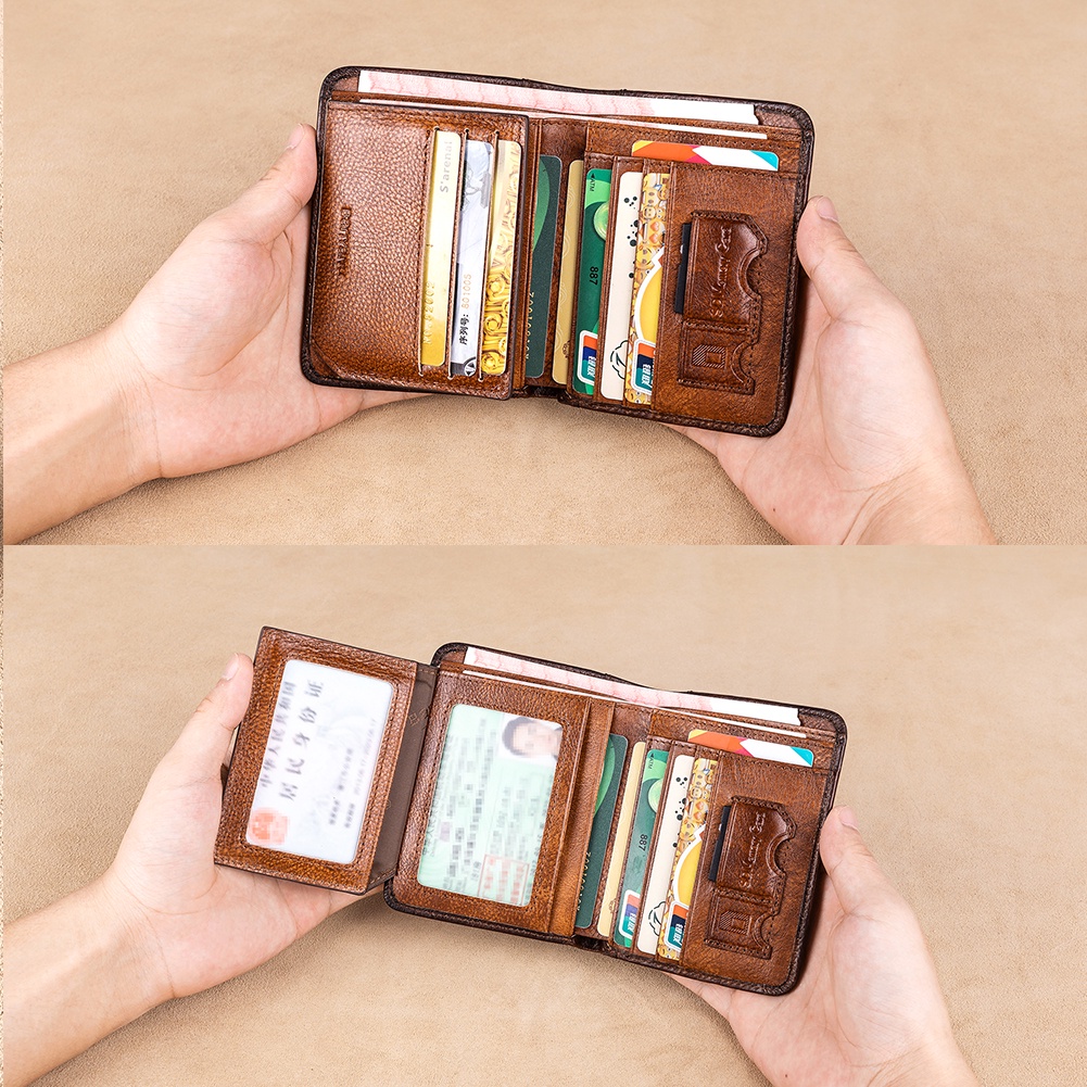 Ví Da Bò Thật Dáng Ngắn Có Kẹp Tiền Phong Cách retro Cho Nam