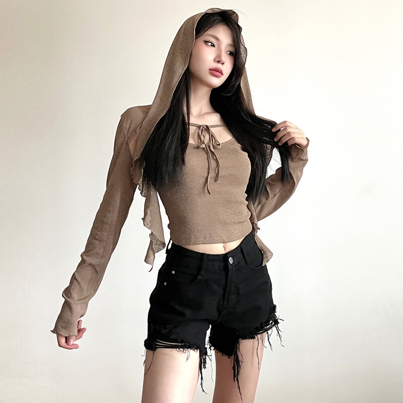 Áo Hoodie Croptop Tay Dài Màu Trơn Dáng Ôm Phong Cách Hàn Quốc Thời Trang Mùa Thu Cho Nữ