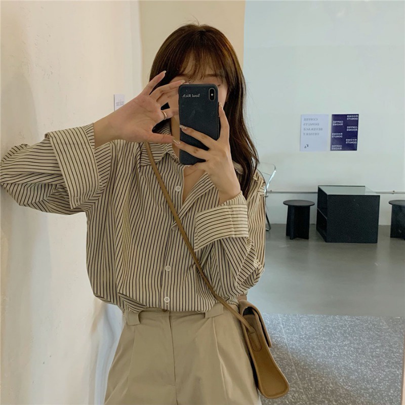 Áo Sơ Mi Nữ Tay Dài Kẻ Sọc Phong Cách retro Thời Trang Công Sở