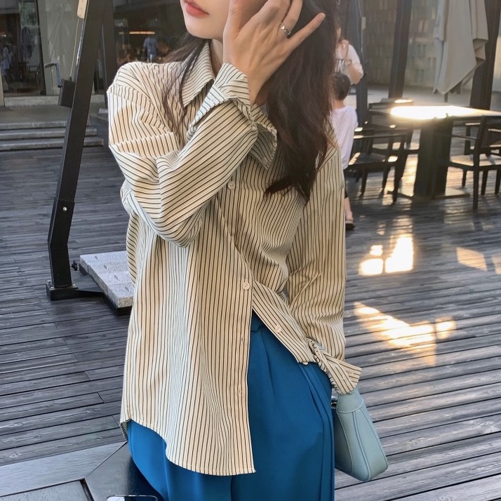 Áo Sơ Mi Nữ Tay Dài Kẻ Sọc Phong Cách retro Thời Trang Công Sở