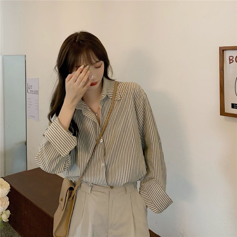 Áo Sơ Mi Nữ Tay Dài Kẻ Sọc Phong Cách retro Thời Trang Công Sở