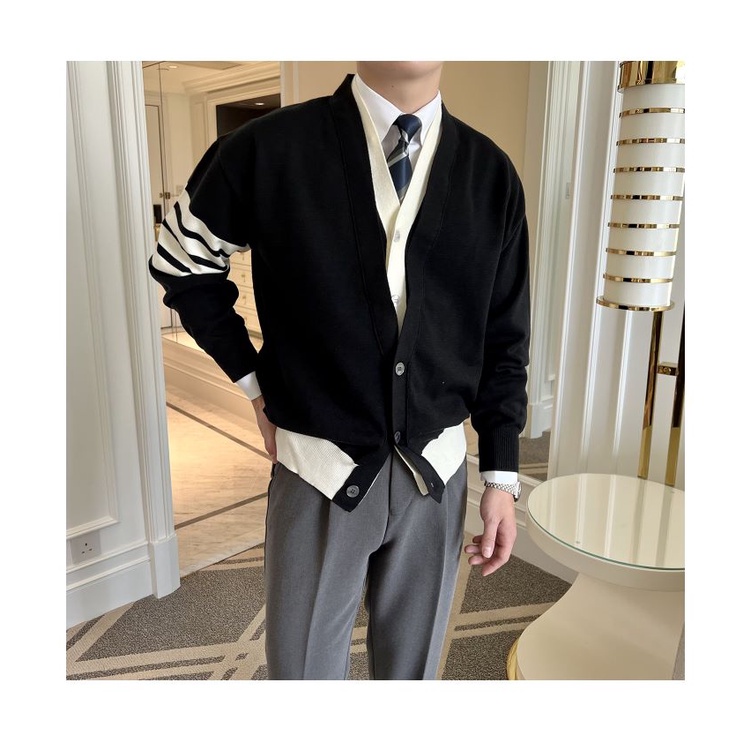 Áo Khoác cardigan Cổ Chữ v Màu Sắc Tương Phản Phong Cách retro Cao Cấp Cho Nam