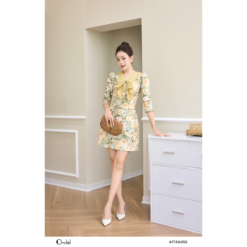Set áo thiết kế tay lửng phối chân váy chữ A mango hoa Orchid - AT13A055