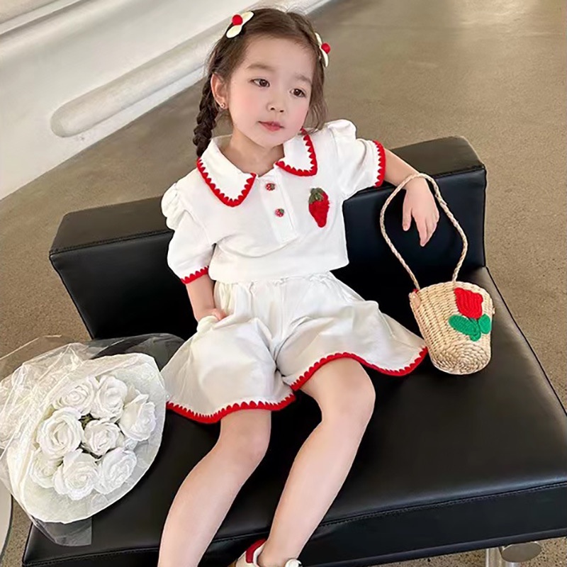 Set Áo Thun polo Tay Ngắn Màu Trơn In Hình Dâu Tây Dễ Thương Phong Cách Hàn Quốc Thời Trang Mùa Hè Cho Bé Gái