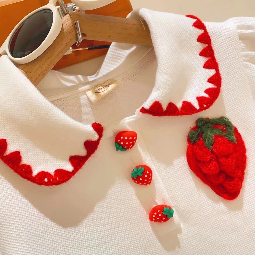 Set Áo Thun polo Tay Ngắn Màu Trơn In Hình Dâu Tây Dễ Thương Phong Cách Hàn Quốc Thời Trang Mùa Hè Cho Bé Gái