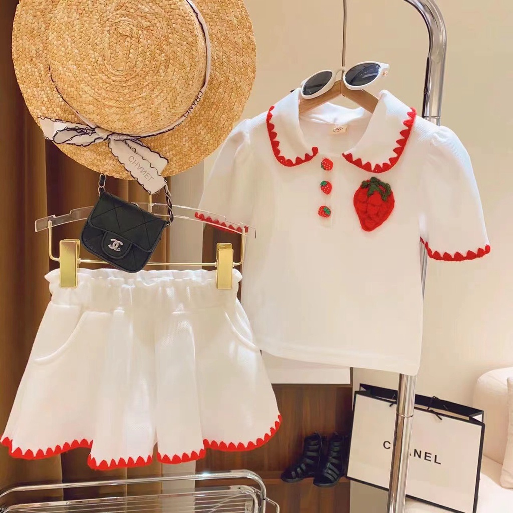 Set Áo Thun polo Tay Ngắn Màu Trơn In Hình Dâu Tây Dễ Thương Phong Cách Hàn Quốc Thời Trang Mùa Hè Cho Bé Gái