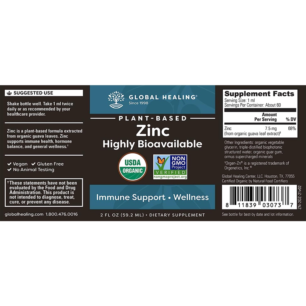 Dung Dịch Kẽm Global Healing Organic Plant-Based Zinc Liquid 60ml