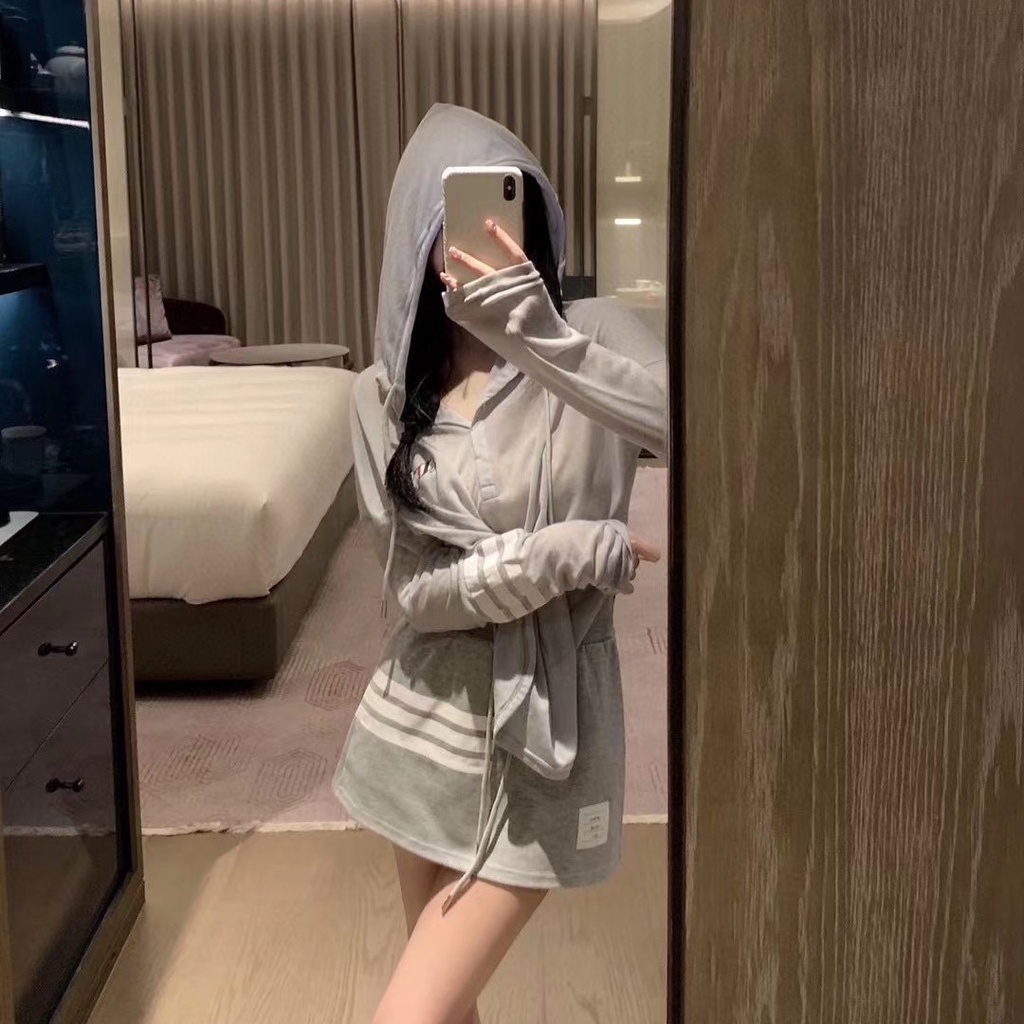 YCST Thom Browne puppy hooded sunscreen coat women's summer 2023 new three-bar elastic waist short skirt casual two-piece suit