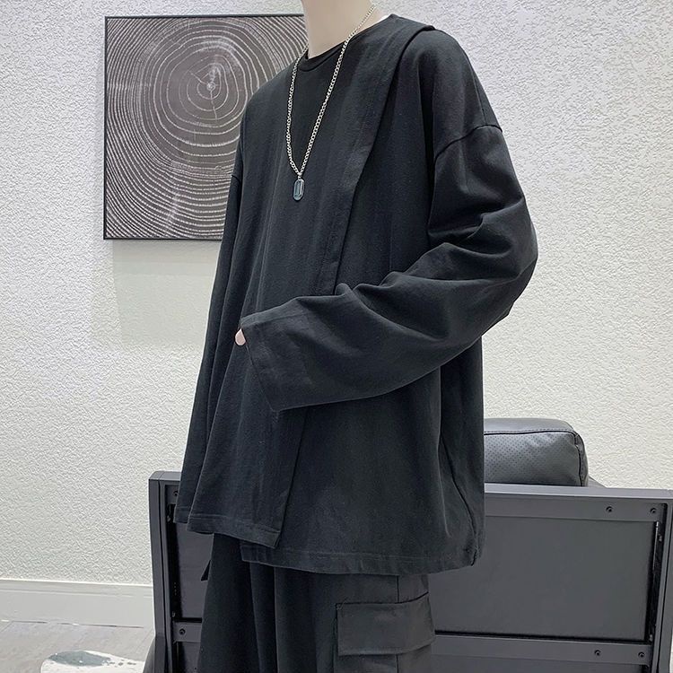 Áo Thun Tay Dài Dáng Rộng Xẻ Tà Kiểu Hồng Kông Cá Tính Cho Nam