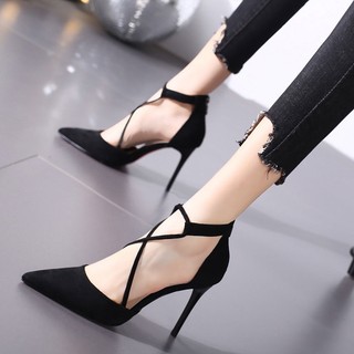 Apricot single shoes 2023 spring and summer fresh French girls' high-heeled shoes black suede thin heel sandals pointed strap R9EV
