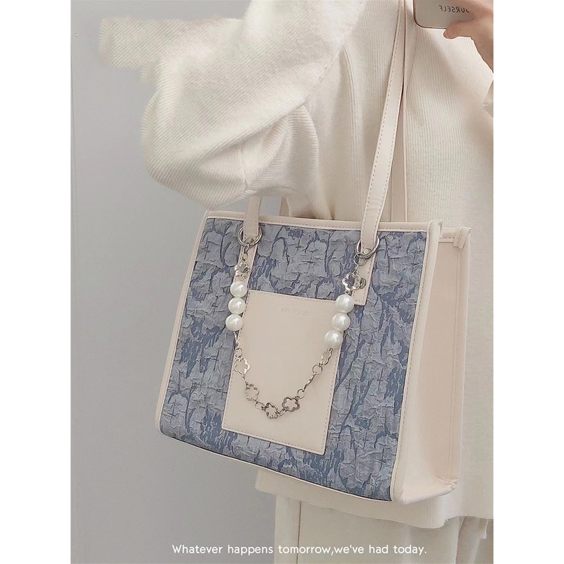 Túi tote Vải jacquard Xanh Lam Độc Đáo Cao Cấp Sức Chứa Lớn Thời Trang Bền Bỉ Đa Năng Dành Cho Bạn Nữ