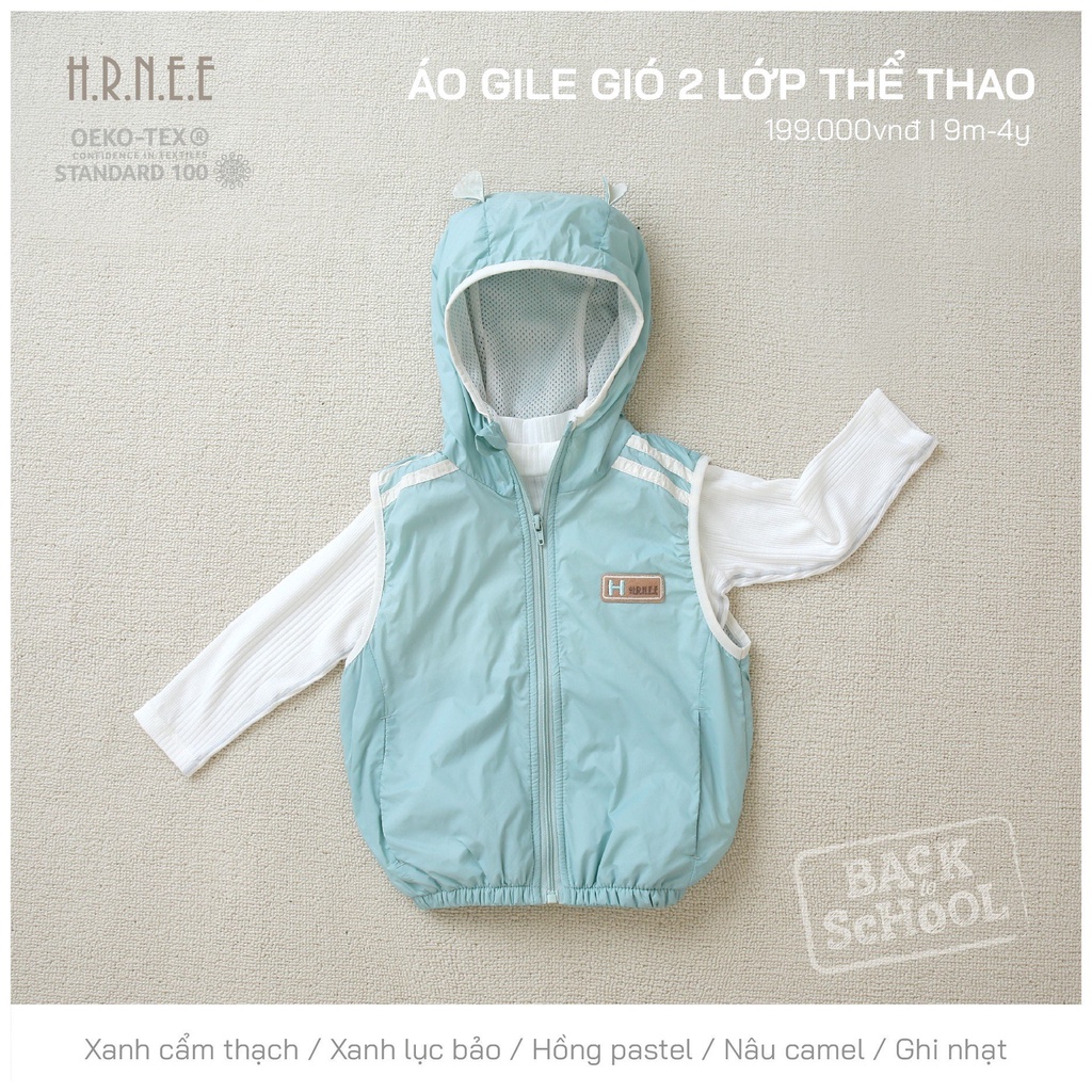 H.R.N.E,E - Áo gile gió 2 lớp có mũ cho bé trai, bé gái từ 6-9m đến 4Y