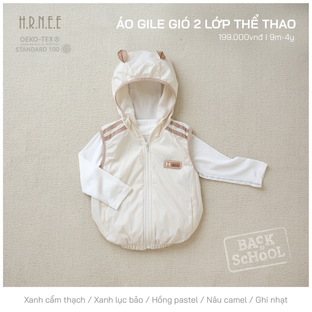 H.R.N.E,E - Áo gile gió 2 lớp có mũ cho bé trai, bé gái từ 6-9m đến 4Y