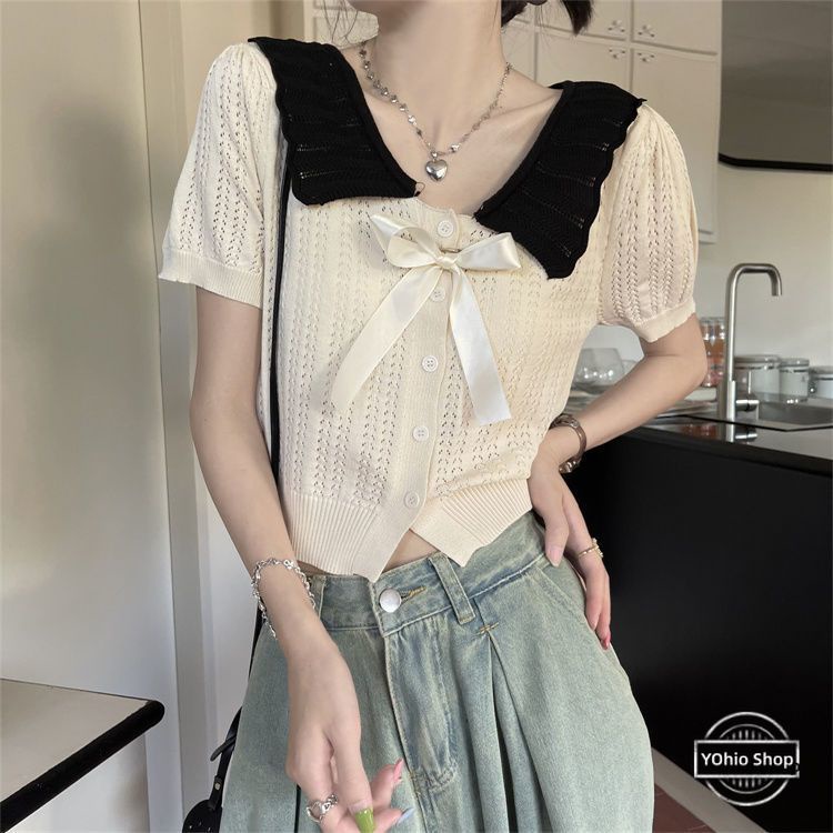 Áo dệt kim cổ búp bê thắt nơ phong cách Pháp ngọt ngào cho nữ | BigBuy360 - bigbuy360.vn